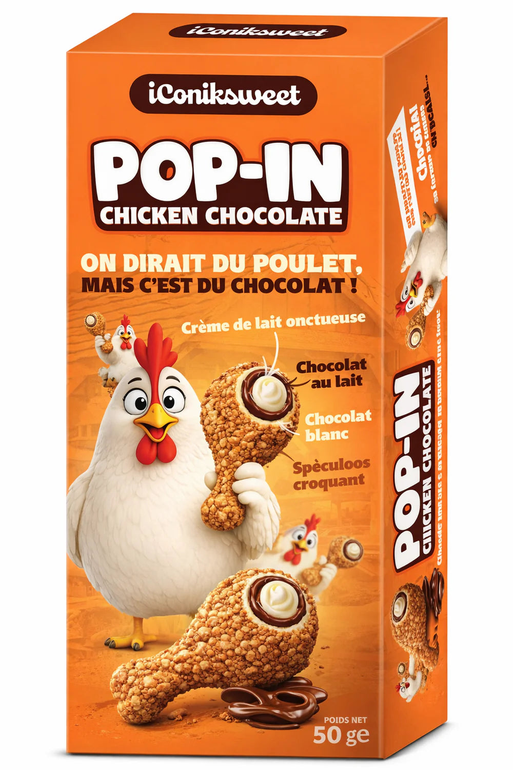 Trompe l’œil « on dirait du poulet,mais c’est du chocolat » au lait / blanc / spéculos croquant